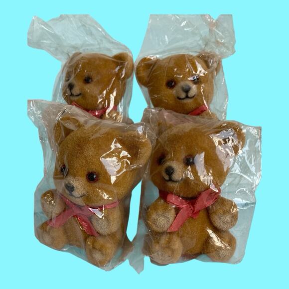 Vtg Brown Flocked Miniature Teddy Bears 3” Ornament HF Company Hong Kong NOS - Picture 1 of 13